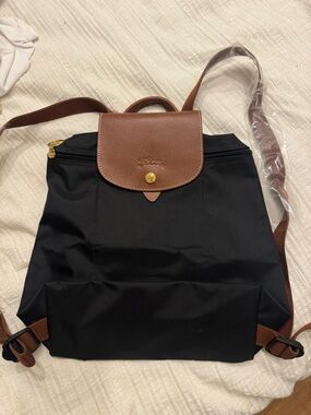Longchamp Black Nylon Backpack with Brown Leather Flap